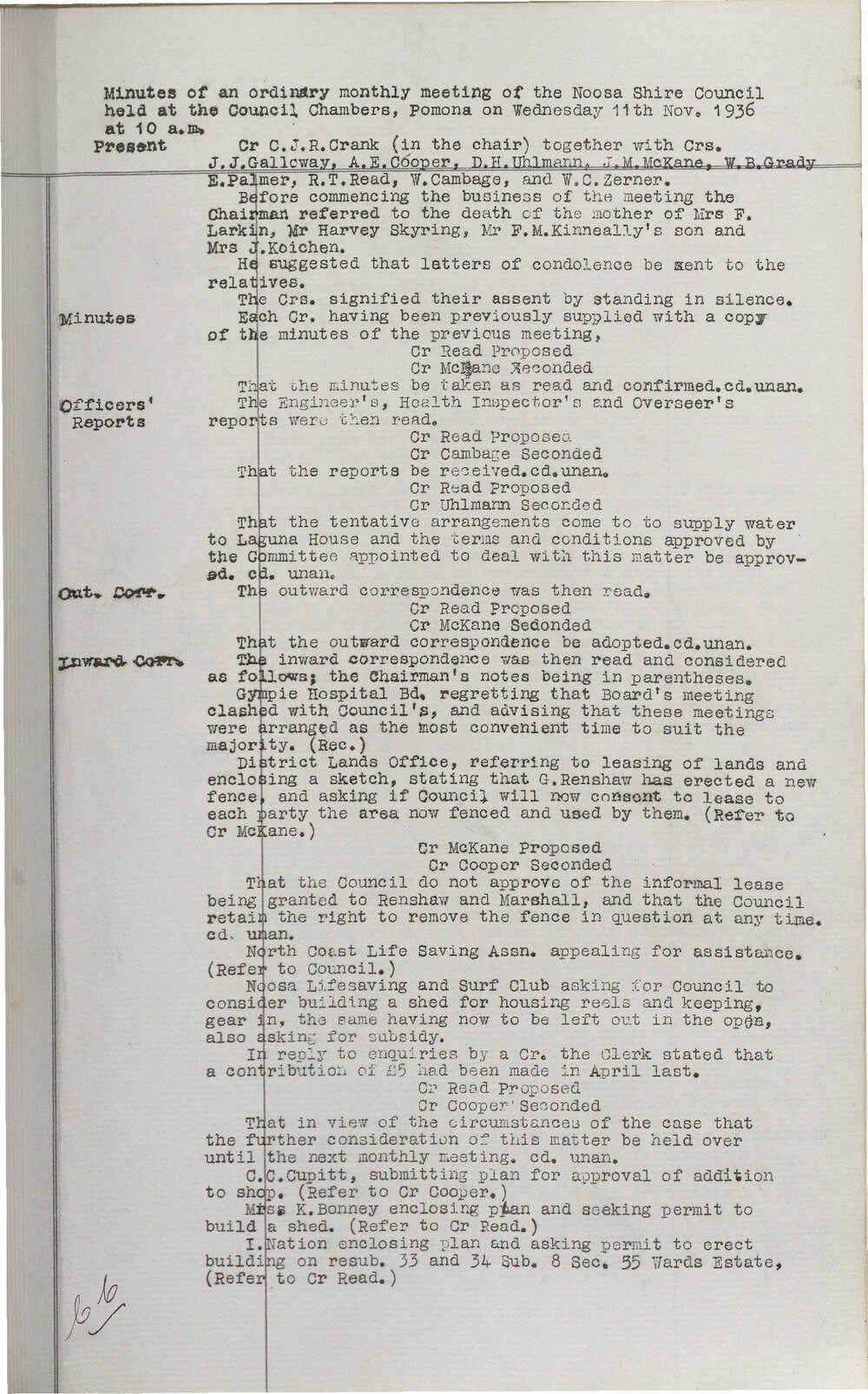 Noosa Shire Council Meeting Minutes 1936_11_11 Ordinary Meeting