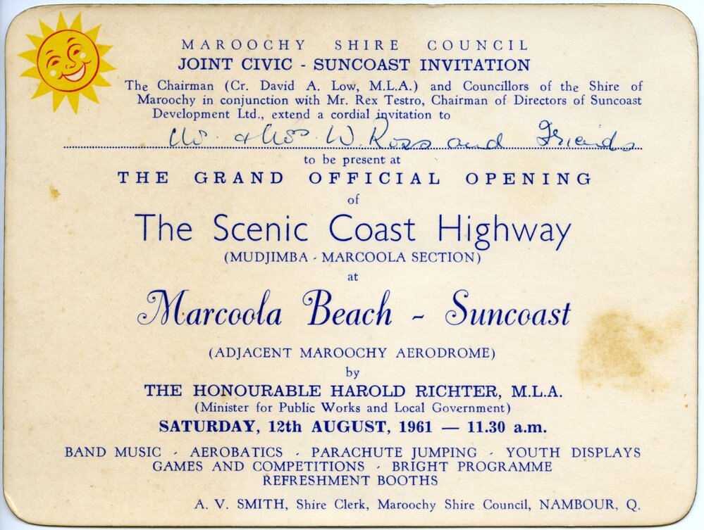 Invitation, Official Opening, 'The Scenic coast Highway', Marcoola Beach, 12 August 1961