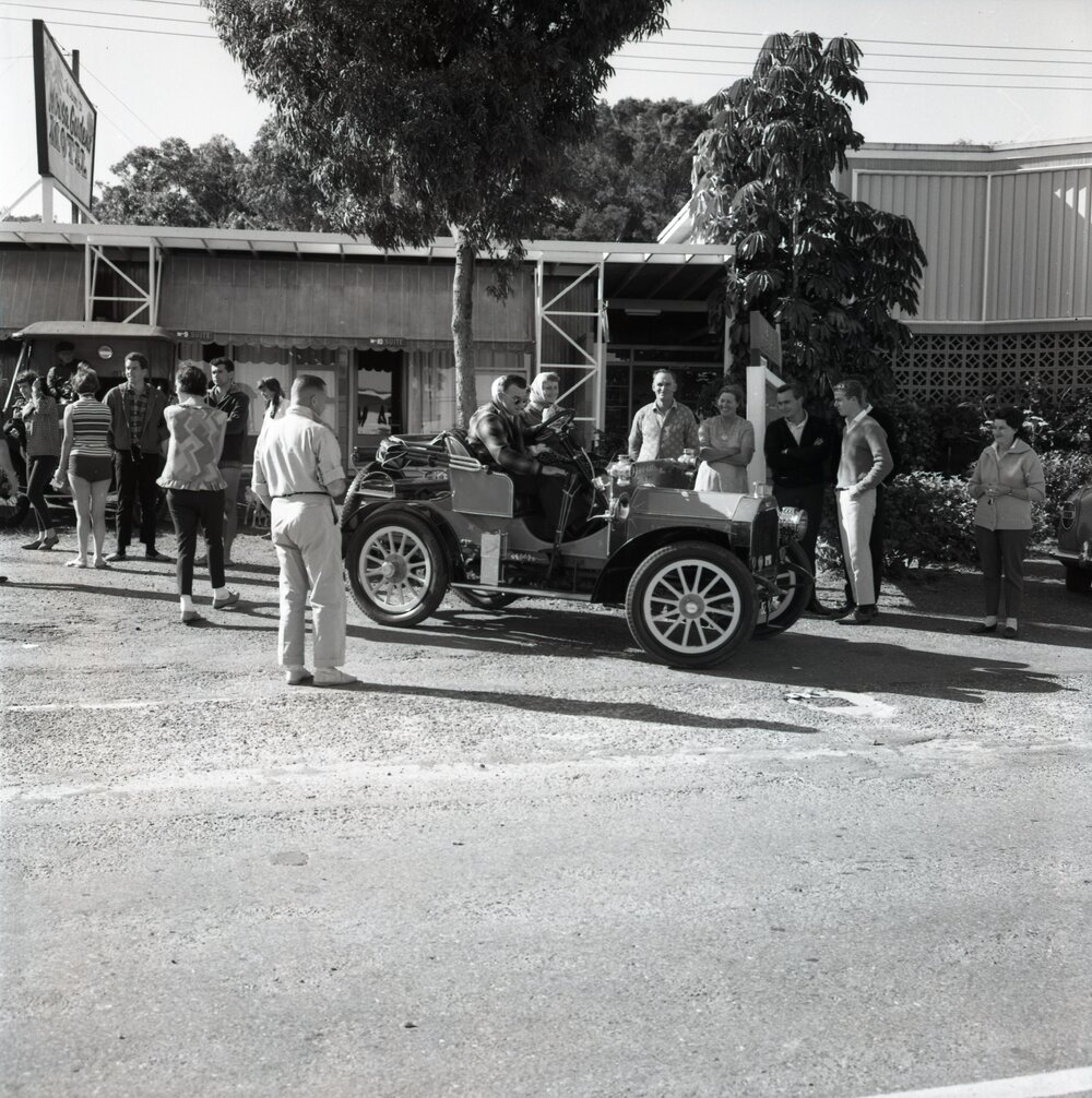 Vintage car enthusiasts, Lakes Motel, Hilton Terrace, Tewantin, 1966
