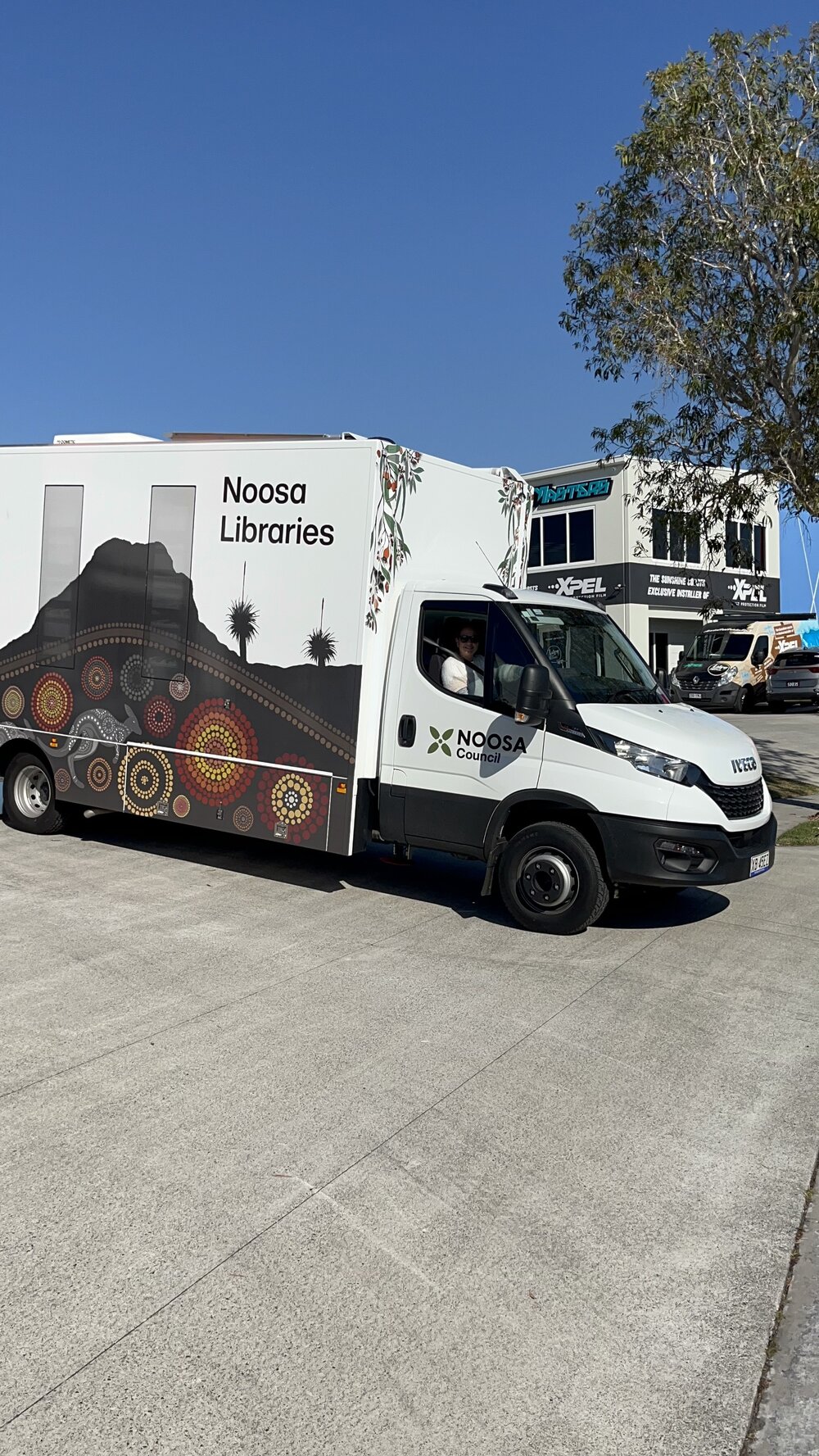 Delivery day, new Noosa Libraries mobile vehicle, Machinery Avenue, Warana, 27 July 2023