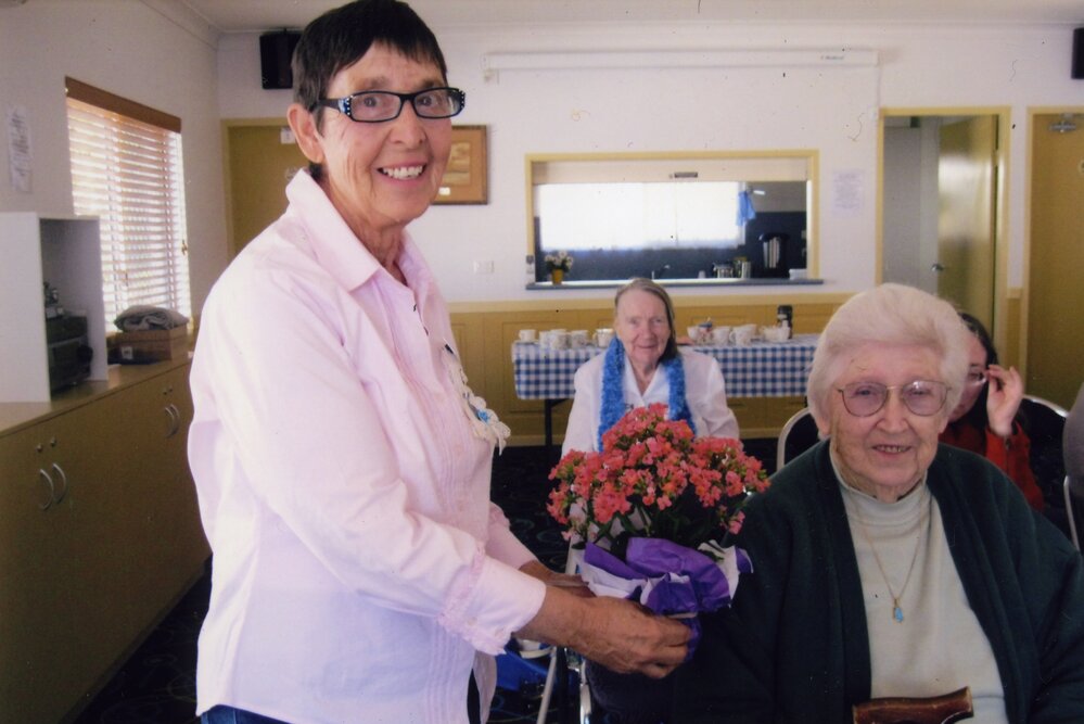 Jo Sampieri 90th birthday presentation to Fran Schofield, QCWA Tewantin Noosa Branch Hall, Tewantin, 22 August 2013