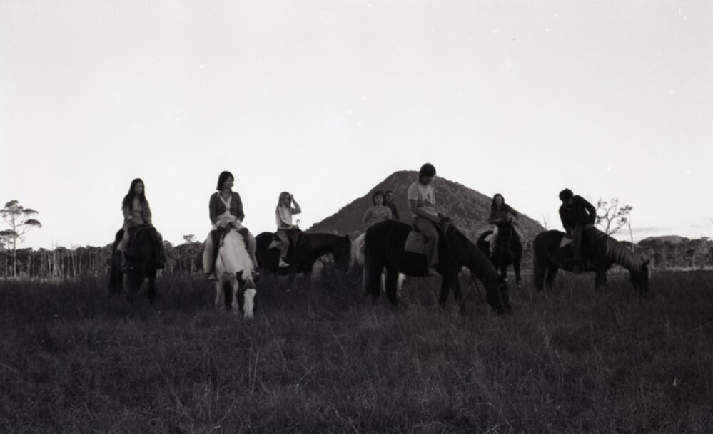 Horse riders, Walanco Riding School, Tewantin Road, midway Tewantin and Cooroy, 25 June 1977