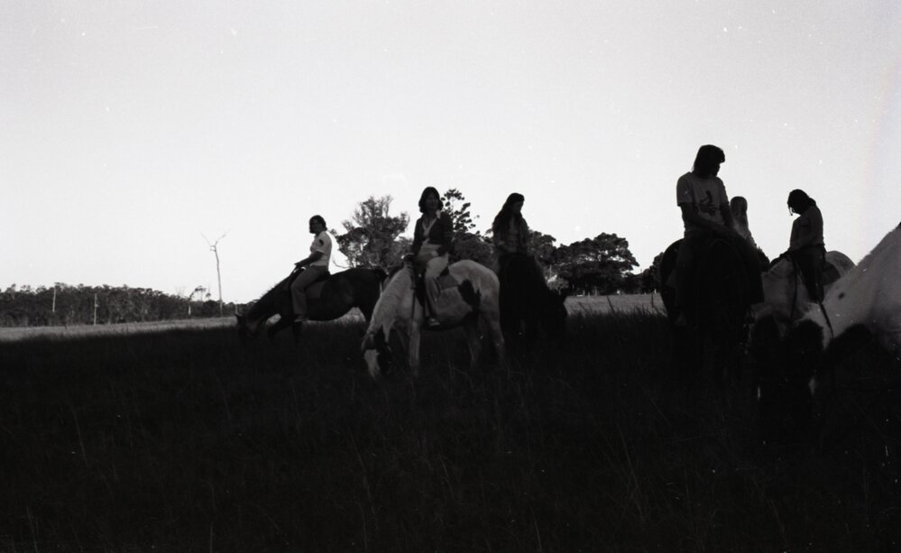 Horse riders, Walanco Riding School, Tewantin Road, midway Tewantin and Cooroy, 25 June 1977