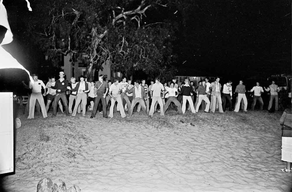 Visiting New Zealand police, pre-dinner Haka, Noosaville, 1970s