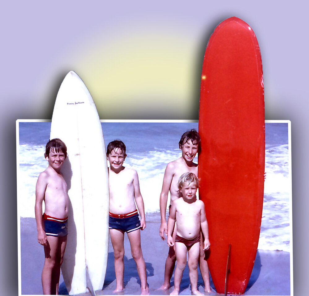 Brian, Stephen, Peter Jnr and Philip Riley, Noosa Main Beach, Noosa Heads, late 1970s