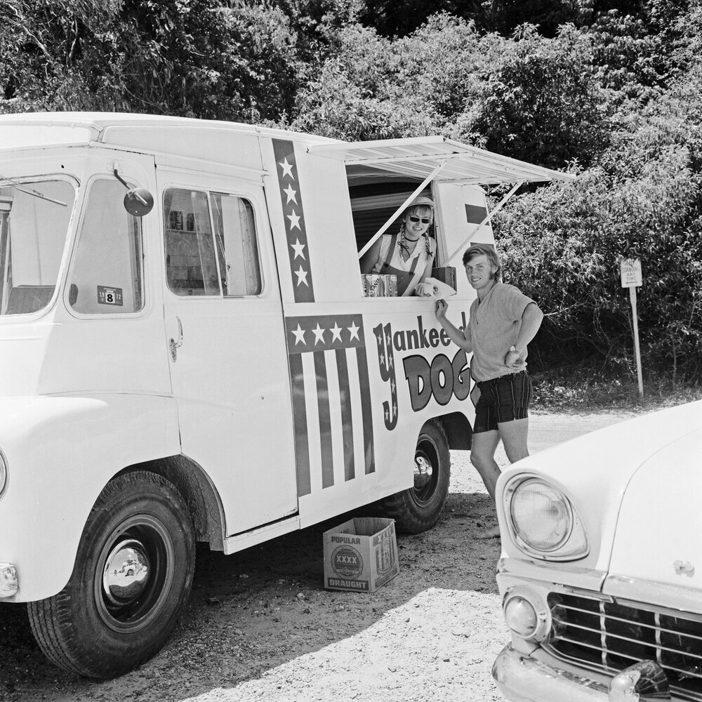 Nancy Garrett (inside truck), Yankee Doodle Dogs food truck, Noosa Heads, 1972