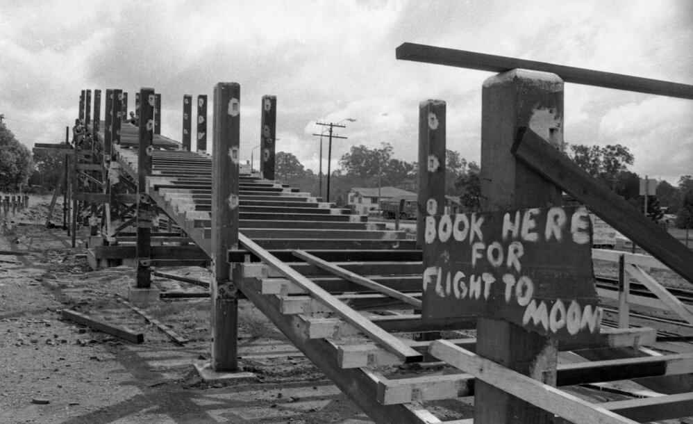 Construction of pedestrian overpass, Cooroy Railway Station, Cooroy, ca 1980s
