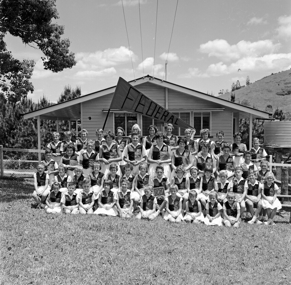 Sports day group photo, Federal State School, Federal, 1961