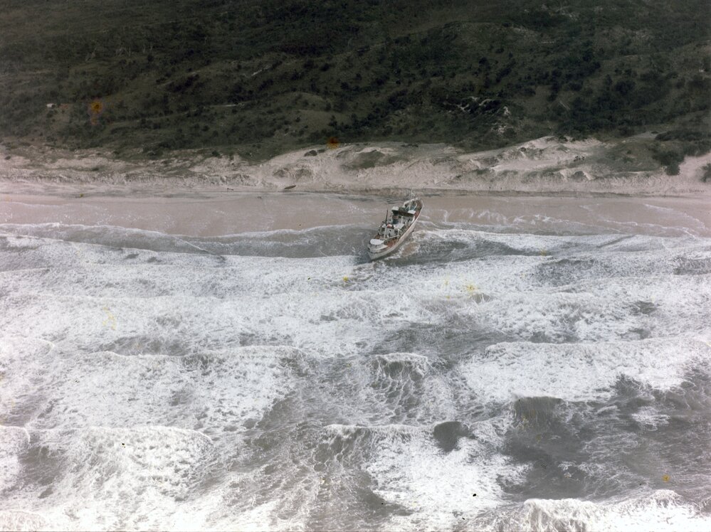 Aerial view, Cherry Venture, Teewah Beach, Noosa North Shore, July 1973