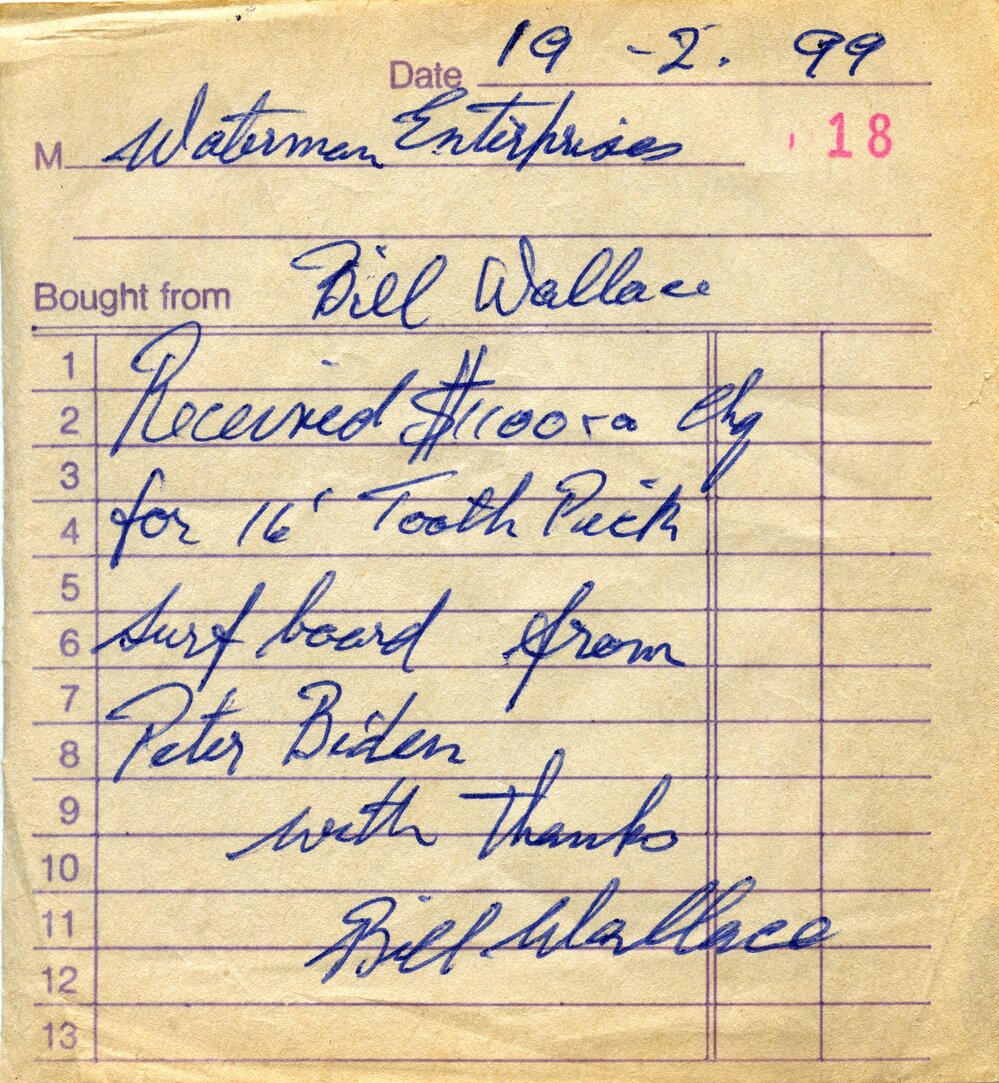 Receipt for surfboard purchase, Bill Wallace Longboards, Noosaville, 19 February 1999