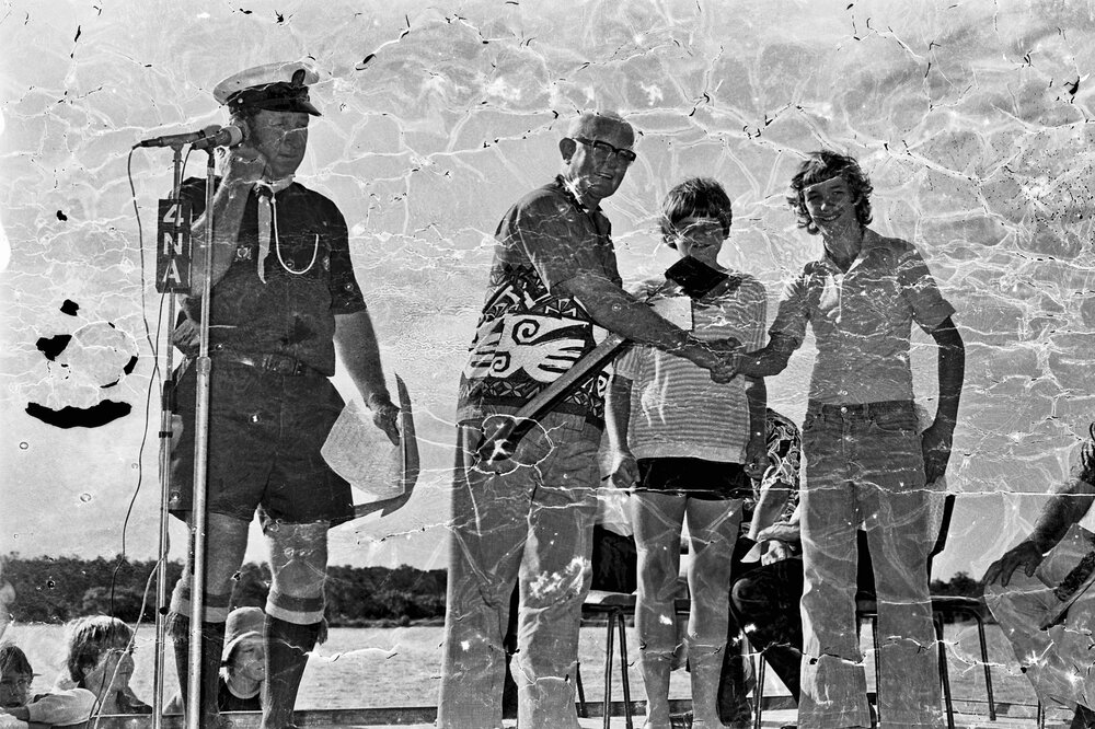 George Pearce, Sir Thomas Hiley and competitors (l-r), award presentation, Festivals of Waters, Tewantin, 26 August 1973