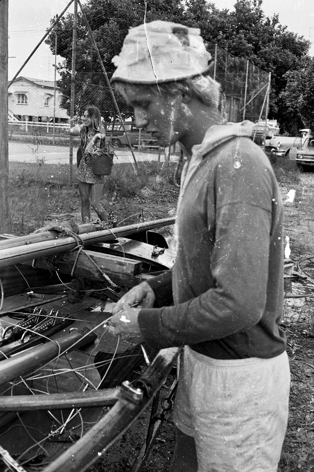 Checking the rigging, Noosa River, Noosaville, March 1971