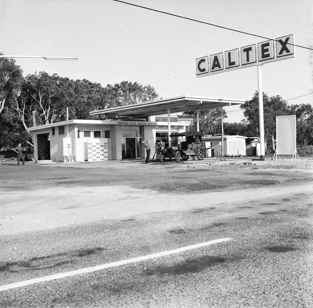 Vintage car, Peregian Star Caltex service station, Peregian Beach, September 1972 
