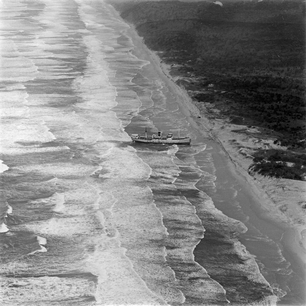 Aerial view, Cherry Venture, Teewah Beach, Noosa North Shore, August 1973