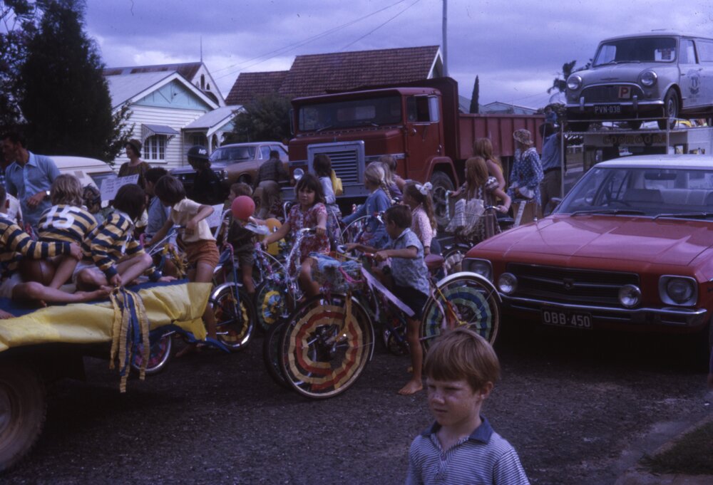 Decorated bicycles and floats, Cooroy Mardi Gras, Cooroy, November 1974