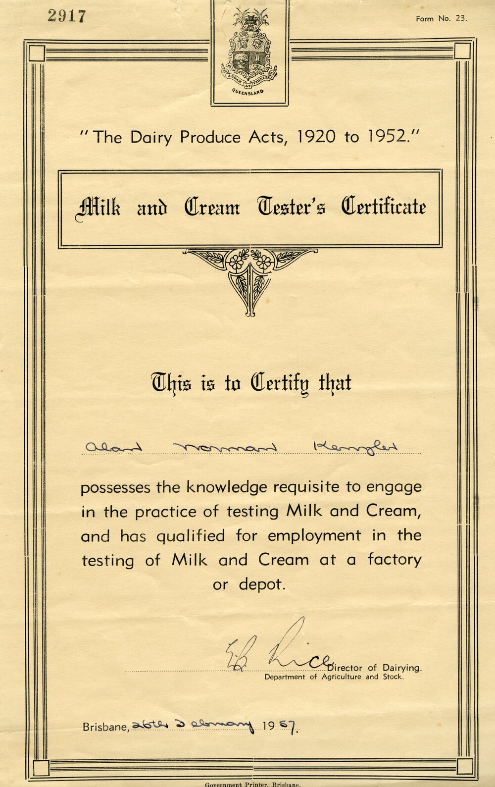 Milk and Cream Tester's Certificate, Alan Kenzler, 26 February 1957