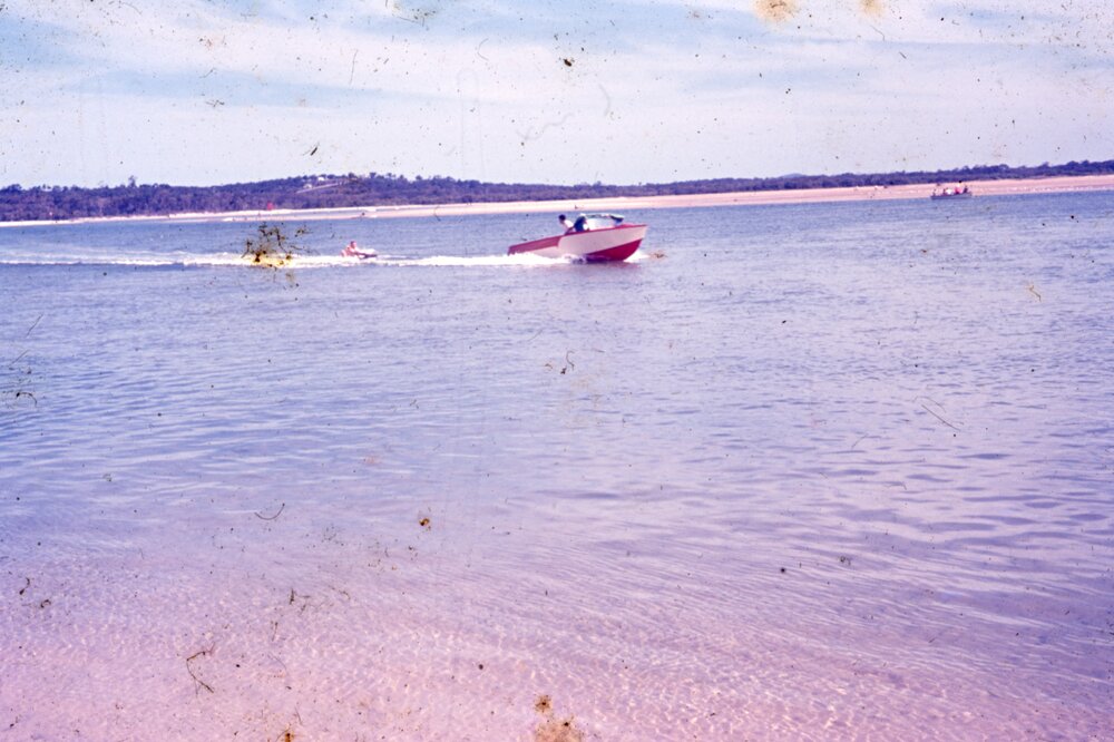 Rob Jeffs, sheet iron water skiing, Noosa River, Noosa Heads, November 1965