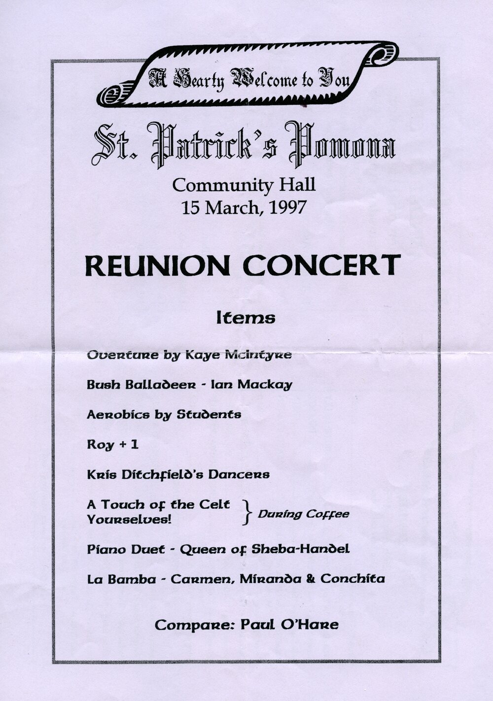 Program, St. Patrick's Catholic School reunion concert, Pomona, 15 March 1997