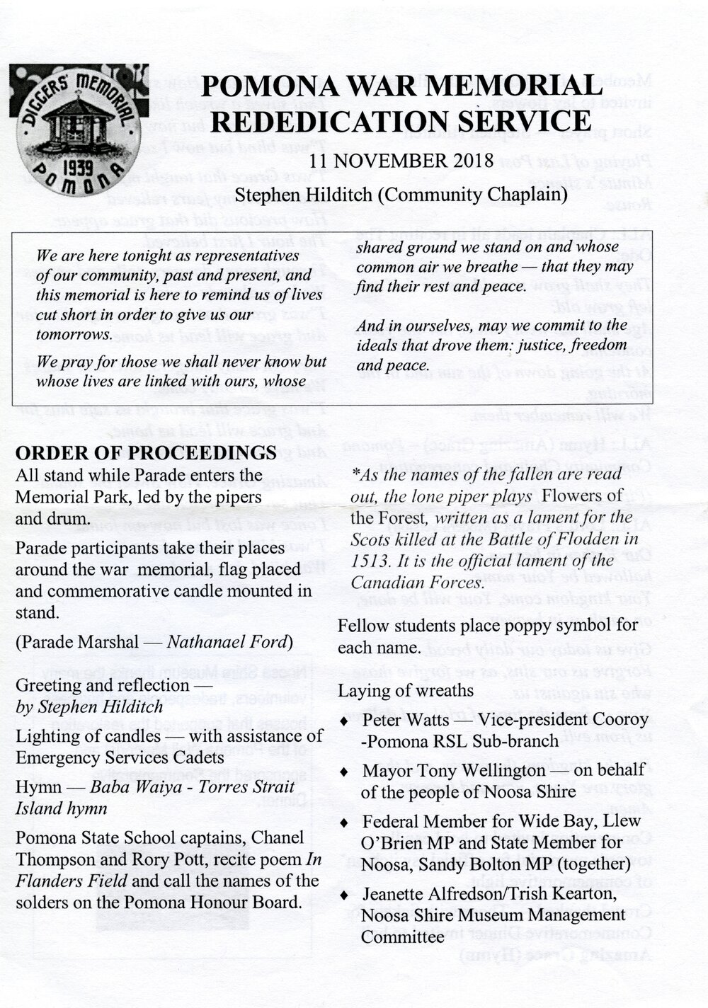 Program, Pomona War Memorial Rededication Service, Joe Bazzo Park, Pomona, 11 November 2018