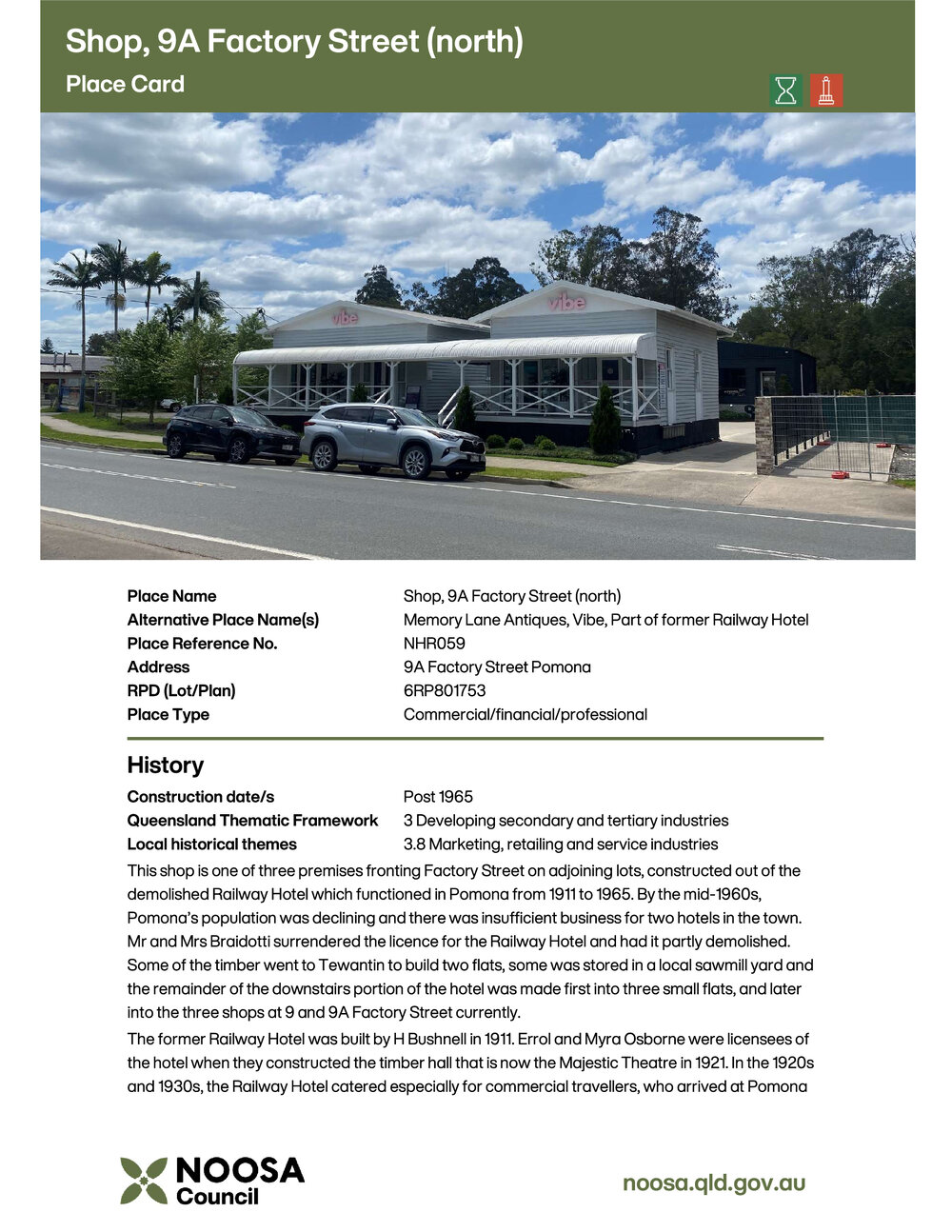 Shop 9A Factory Street (north), Pomona - Local Heritage Place Card