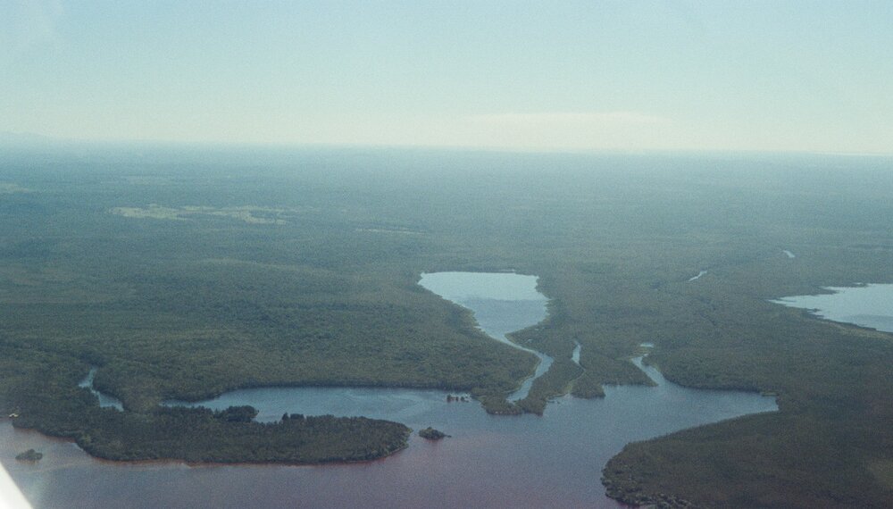 Aerial view, Lake Cootharaba (foreground), Lake Como (centre) and Lake Cooloola (right), Cootharaba, 11 May 2006