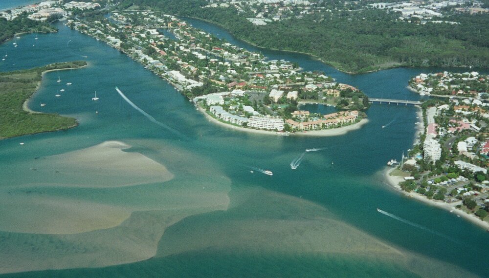 Aerial view, Noosa River mouth and Bar, Noosa Heads, 19 October 2005