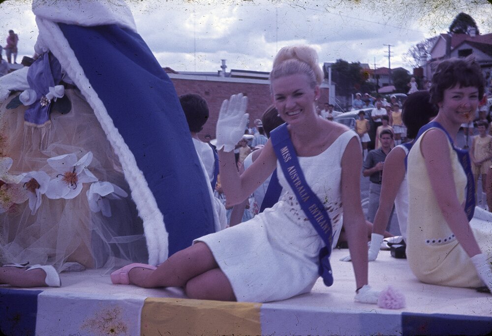 Gympie Rotary Club float, Parade Queen and Miss Australia entrants, Gympie Centenary Procession, Gympie, 14 October 1967