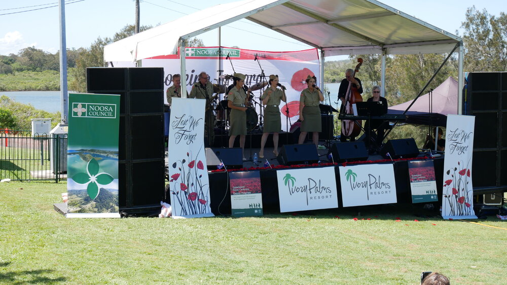 Anita David, Kelsey Giarola and Cherryn Lomas, Andrew Sisters Tribute Show, Remembrance Day, Looking Forward to Peace Event, Tewantin-Noosa RSL Memorial Park, Tewantin, 11 November 2018