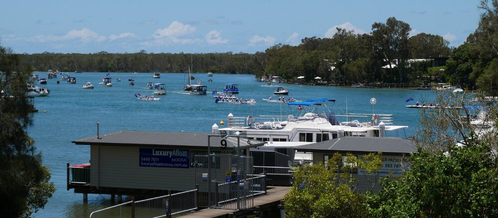 Flotilla re-enactment and flypast, Remembrance Day, Looking Forward to Peace event, Noosa River, Tewantin, 11 November 2018