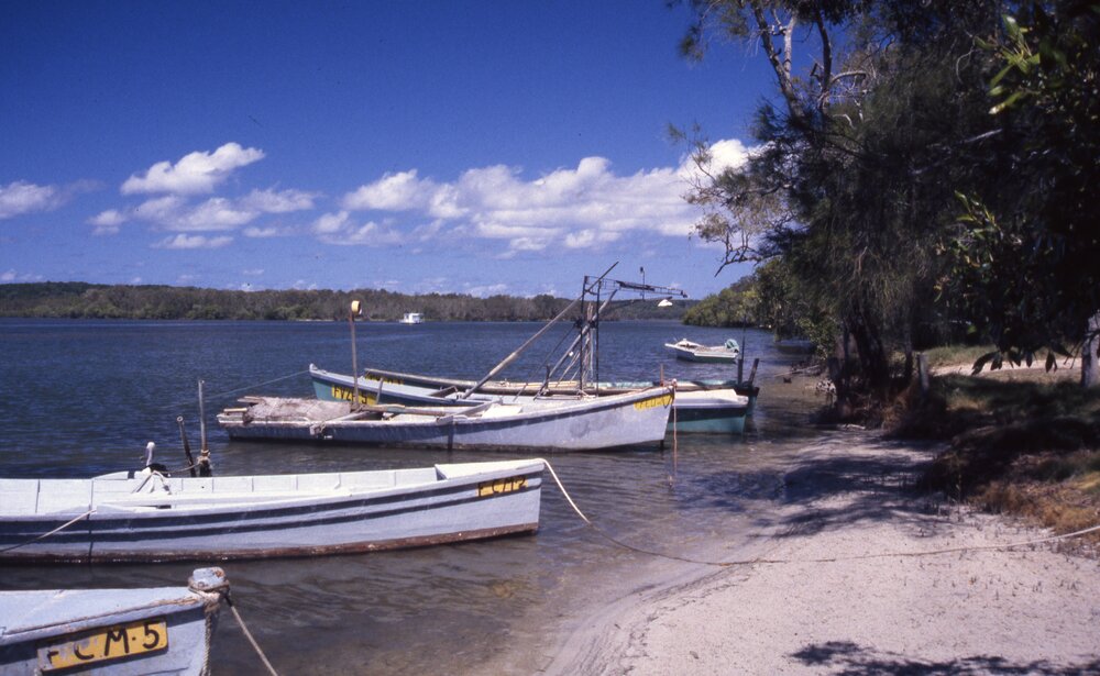 Fishing boats and Pelican, Weyba Creek, Noosaville, ca 1990s