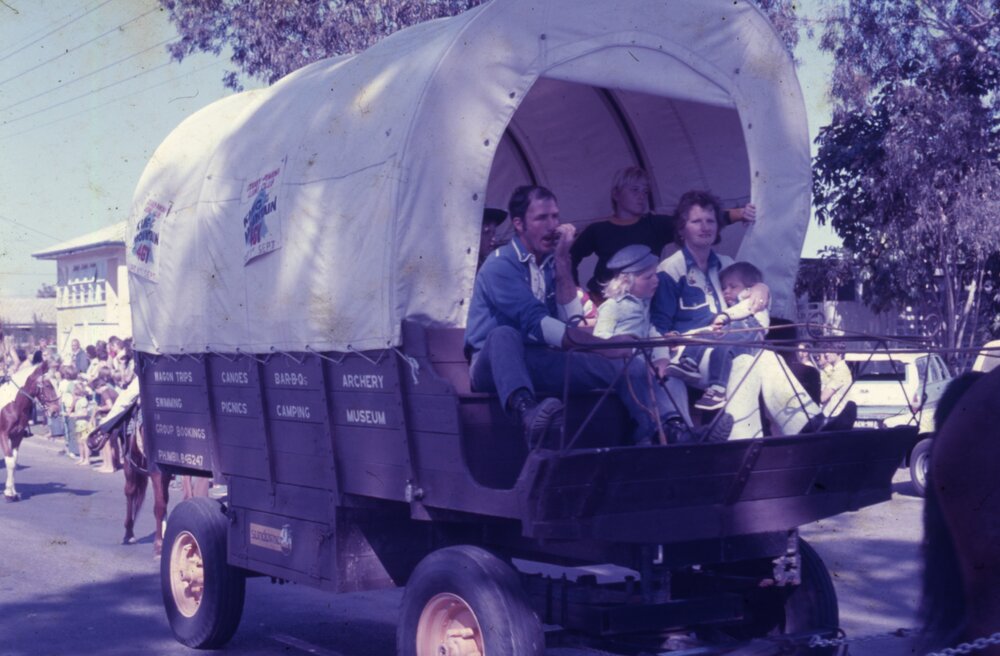 Parade participant, western themed 'King of the Mountain', Festival of Waters parade, Gympie Terrace, Noosaville, 1979