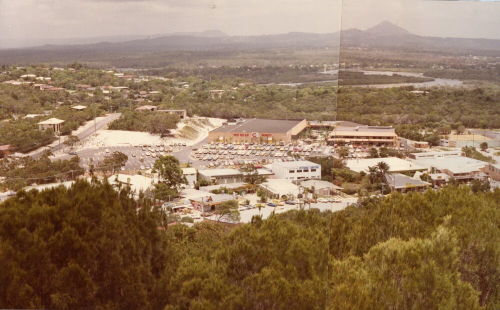 Aerial view, Noosa Fair Shopping Centre, Noosa Junction, Noosa Heads, 1980s
