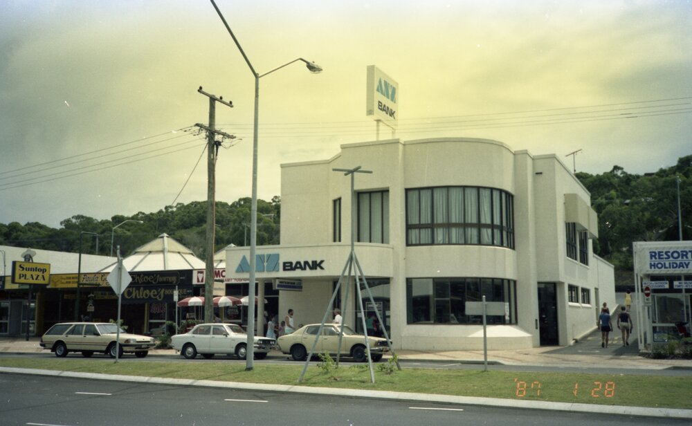 ANZ Bank and businesses, Sunshine Beach Road, Noosa Junction, Noosa Heads, 28 January 1987