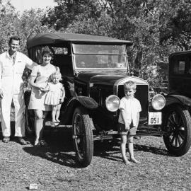 Family with vintage car, Motorkana '72, Peregian Beach Show Grounds, Peregian Beach, September 1972