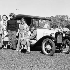 Family with vintage car, Motorkana '72, Peregian Beach Show Grounds, Peregian Beach, September 1972