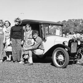 Family with vintage car, Motorkana '72, Peregian Beach Show Grounds, Peregian Beach, September 1972