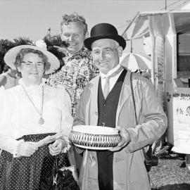 Best period costume winners the Fiechtners with John Herbert (Minister for Tourism),  Motorkana '72, Peregian Beach Show Grounds, Peregian Beach, September 1972