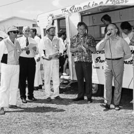 David Low MLA  (Member for Cooroora) and John Herbert (Minister for Tourism), Motorkana '72, Peregian Beach Show Grounds, Peregian Beach, September 1972