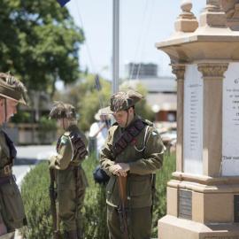 Guard Commander Tom Dawson, Janet Kake and Trooper Mark Price, catafalque party and War Memorial, Remembrance Day, Tewantin, 11 November 2018