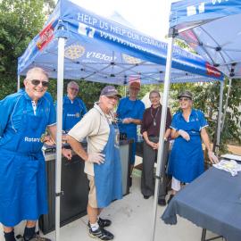 Sandy Bolton MP (centre) and Rotary Club members, sausage sizzle, Hinterland Adventure Playground, Marara Street, Cooroy, 6 May 2022