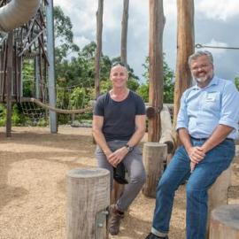 Dallas Bickle and Paul Brennan (l-r), Hinterland Adventure playground, Marara Street, Cooroy, 6 May 2022