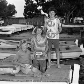 Geoff Chase, Peter Saal and Mark Bisman, Winners, Best decorated boat competition, Festival of Waters,  O Boats Hire, Noosaville, September 1972