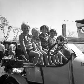 Children with vintage car 'Clem', Motorkana '72, Peregian Beach Show Grounds,  Peregian Beach,  September 1972