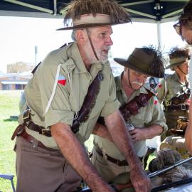 Alan Chapman, Terry Parkin and Helen Ainsworth (l-r), 5th Light Horse Regiment Gympie Troop, Light Horse Display, Remembrance Day, Looking Forward to Peace Event, Tewantin-Noosa RSL Memorial Park, Tewantin, 11 November 2018