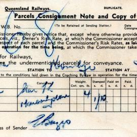 Queensland Railways Parcels Consignment Note and Copy of Waybill for the Majestic Theatre, Pomona, 1959 