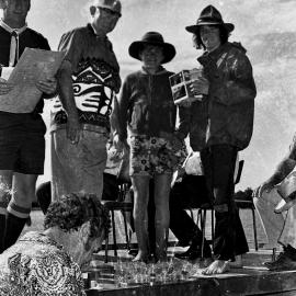 George Pearce, Sir Thomas Hiley and competitors (l-r), award presentation, Festivals of Waters, Tewantin, 26 August 1973