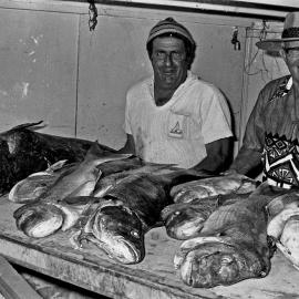 Phillip Massoud and Sir Thomas Hiley (l-r), 'Noosa' fishing catch, Noosaville, August 1973