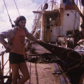 David Caddie, aboard the Cherry Venture, Teewah Beach, May 1975