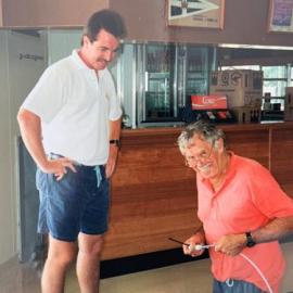 Andrew Hewitt and Ron Slinn, final touches, Noosa Yacht and Rowing Club under construction, 142 Gympie Terrace, Noosaville, ca March 1994