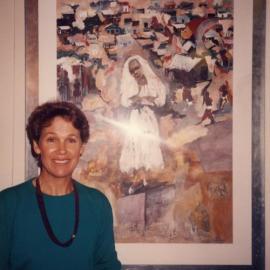 Bara Kaat with Lorna Marton painting, Halse Lodge, Noosa Heads, ca 1990s